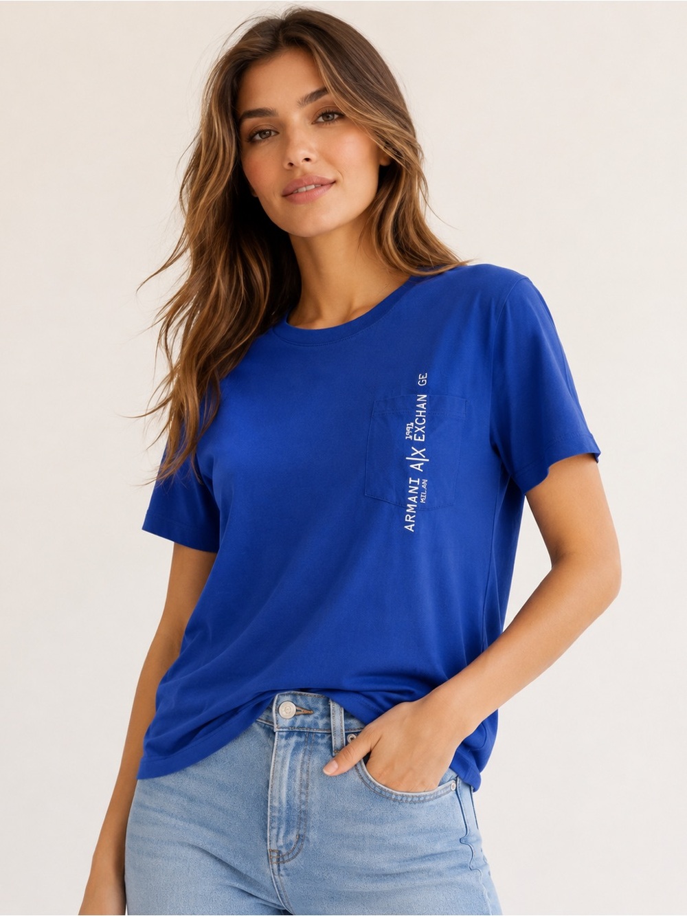 Armani Exchange Womens Blue Pima Cotton Chest Pocket Logo Tee XS Slim
